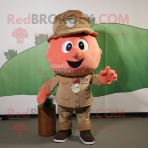 Peach Raspberry mascot costume character dressed with a Cargo Pants and Hat pins