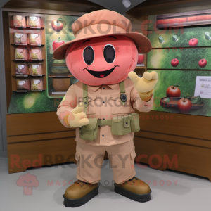 Peach Raspberry mascot costume character dressed with a Cargo Pants and Hat pins