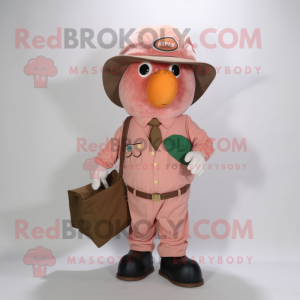 Peach Raspberry mascot costume character dressed with a Cargo Pants and Hat pins