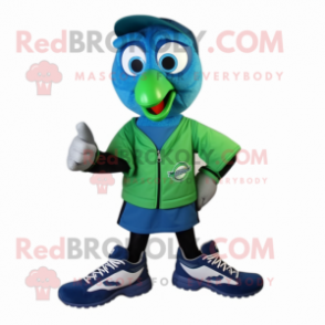 Green Blue Jay mascot costume character dressed with a Turtleneck and Shoe clips