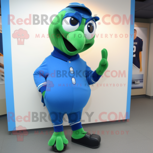 Green Blue Jay mascot costume character dressed with a Turtleneck and Shoe clips