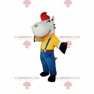 White horse mascot in colorful outfit and a red wick -