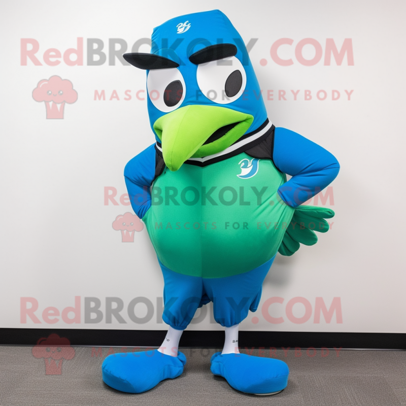 Green Blue Jay mascot costume character dressed with a Turtleneck and Shoe clips