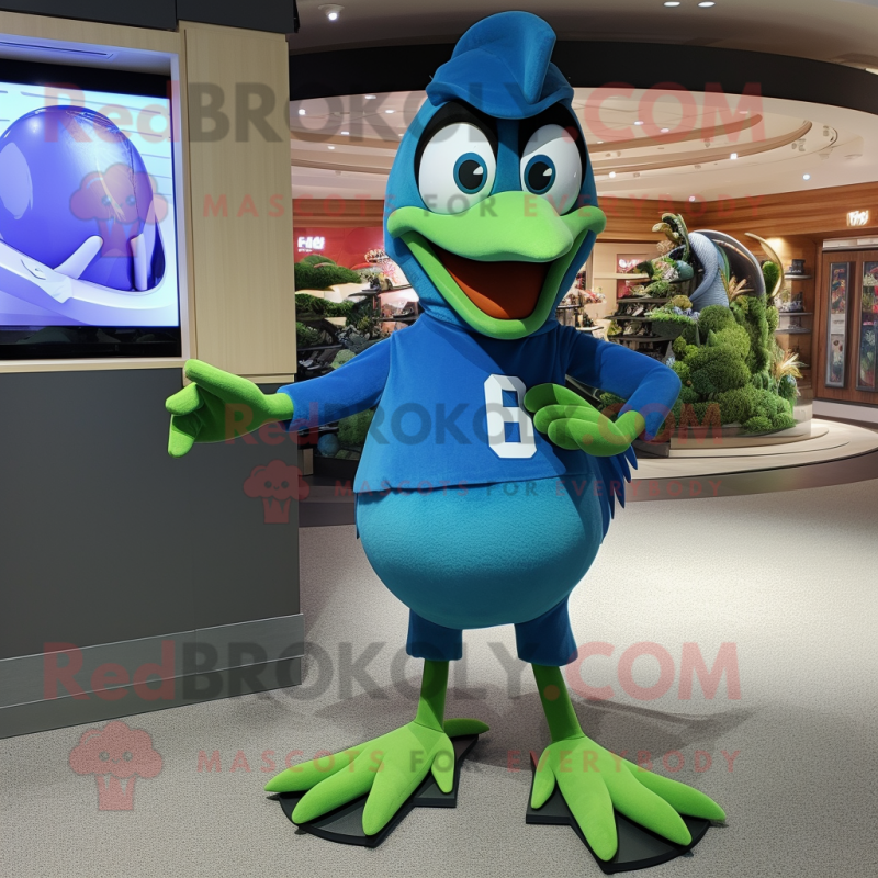 Green Blue Jay mascot costume character dressed with a Turtleneck and Shoe clips Green Blue Jay mascot costume character dressed with a Turtleneck and Shoe clips