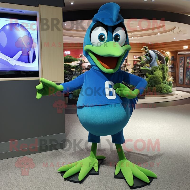 Green Blue Jay mascot costume character dressed with a Turtleneck and Shoe clips