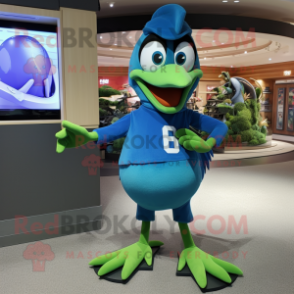 Green Blue Jay mascot costume character dressed with a Turtleneck and Shoe clips