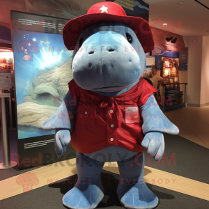 Red Stellar'S Sea Cow mascot costume character dressed with a Denim Shorts and Cummerbunds