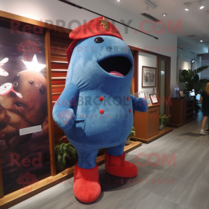 Red Stellar'S Sea Cow mascot costume character dressed with a Denim Shorts and Cummerbunds