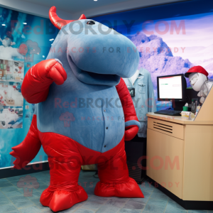 Red Stellar'S Sea Cow mascot costume character dressed with a Denim Shorts and Cummerbunds