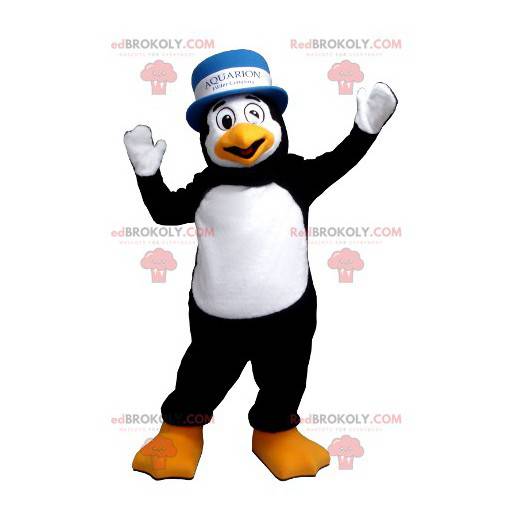 Mascotte de pingouin noir et blanc avec un chapeau -