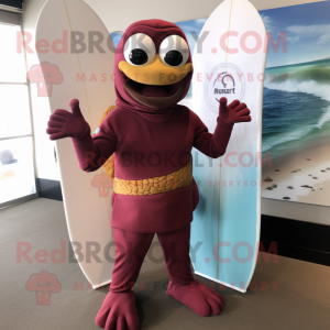 Maroon Surfboard mascot costume character dressed with a Turtleneck and Wraps