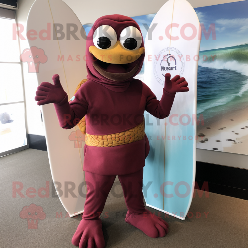 Maroon Surfboard mascot costume character dressed with a Turtleneck and Wraps Maroon Surfboard mascot costume character dressed with a Turtleneck and Wraps