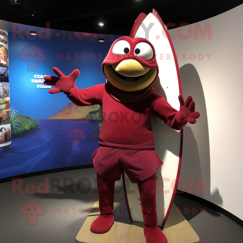 Maroon Surfboard mascot costume character dressed with a Turtleneck and Wraps