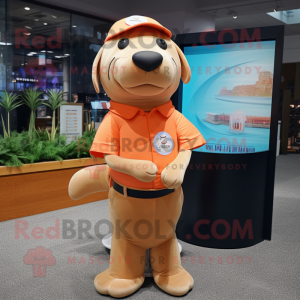 Peach Sea Lion mascot costume character dressed with a Polo Tee and Pocket squares