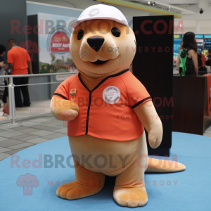 Peach Sea Lion mascot costume character dressed with a Polo Tee and Pocket squares
