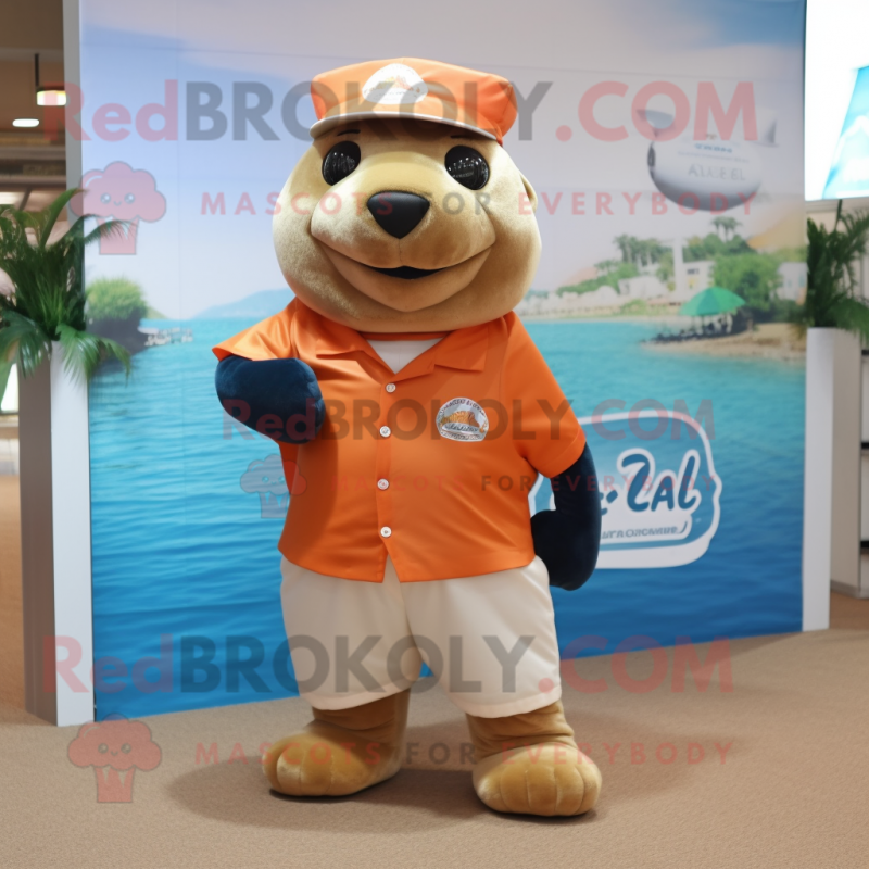 Peach Sea Lion mascot costume character dressed with a Polo Tee and Pocket squares