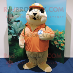 Peach Sea Lion mascot costume character dressed with a Polo Tee and Pocket squares