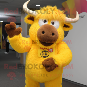 Yellow Bison mascot costume character dressed with a Sweater and Hairpins