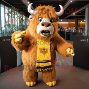 Yellow Bison mascot costume character dressed with a Sweater and Hairpins