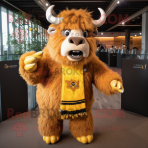 Yellow Bison mascot costume character dressed with a Sweater and Hairpins