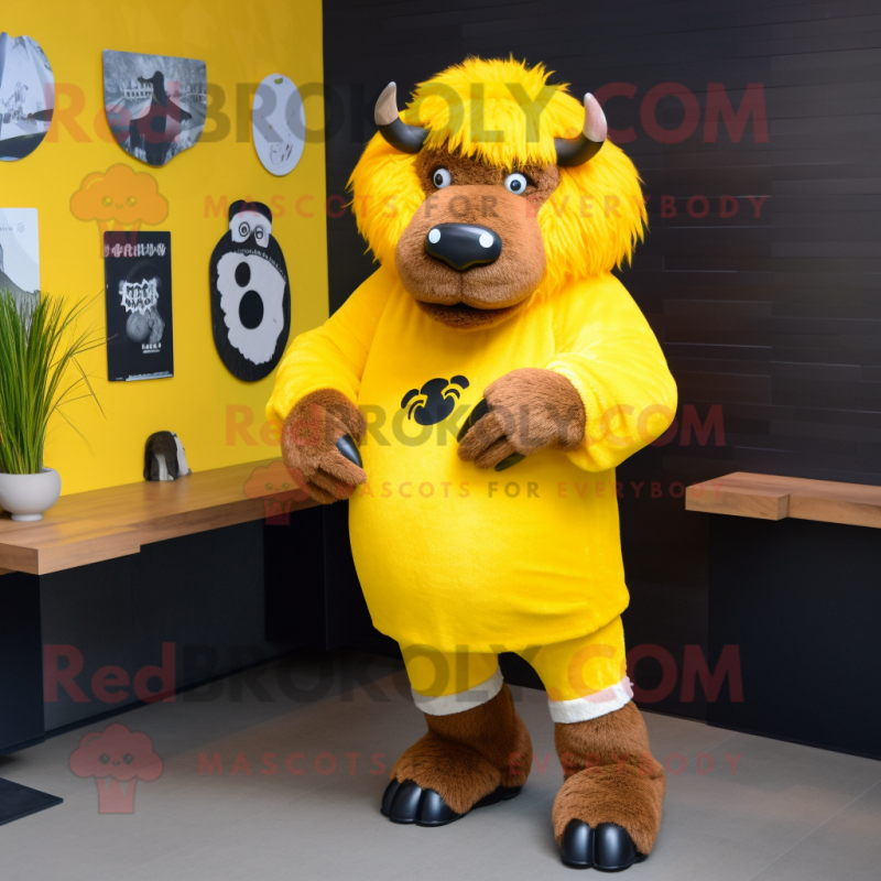 Yellow Bison mascot costume character dressed with a Sweater and Hairpins Yellow Bison mascot costume character dressed with a Sweater and Hairpins