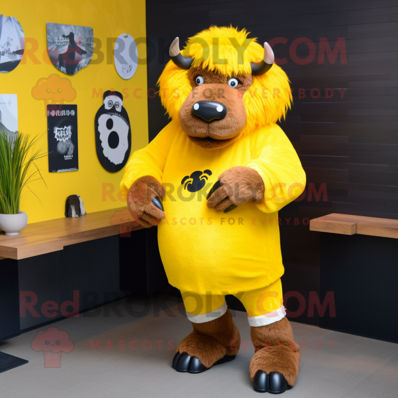 Yellow Bison mascot costume character dressed with a Sweater and Hairpins