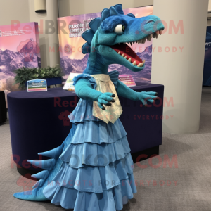 Cyan Spinosaurus mascot costume character dressed with a Dress and Scarf clips