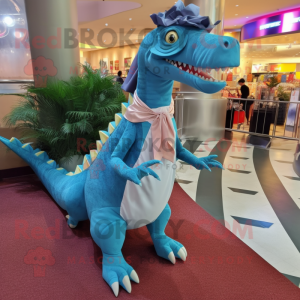 Cyan Spinosaurus mascot costume character dressed with a Dress and Scarf clips