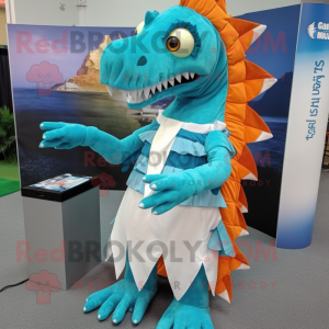 Cyan Spinosaurus mascot costume character dressed with a Dress and Scarf clips