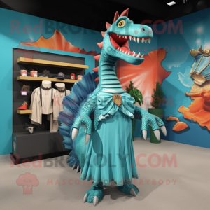 Cyan Spinosaurus mascot costume character dressed with a Dress and Scarf clips