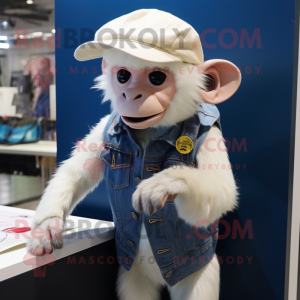 White Capuchin Monkey mascot costume character dressed with a Denim Shorts and Beanies