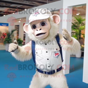 White Capuchin Monkey mascot costume character dressed with a Denim Shorts and Beanies