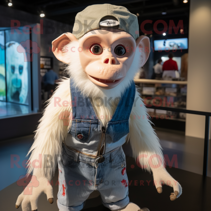 White Capuchin Monkey mascot costume character dressed with a Denim Shorts and Beanies White Capuchin Monkey mascot costume character dressed with a Denim Shorts and Beanies