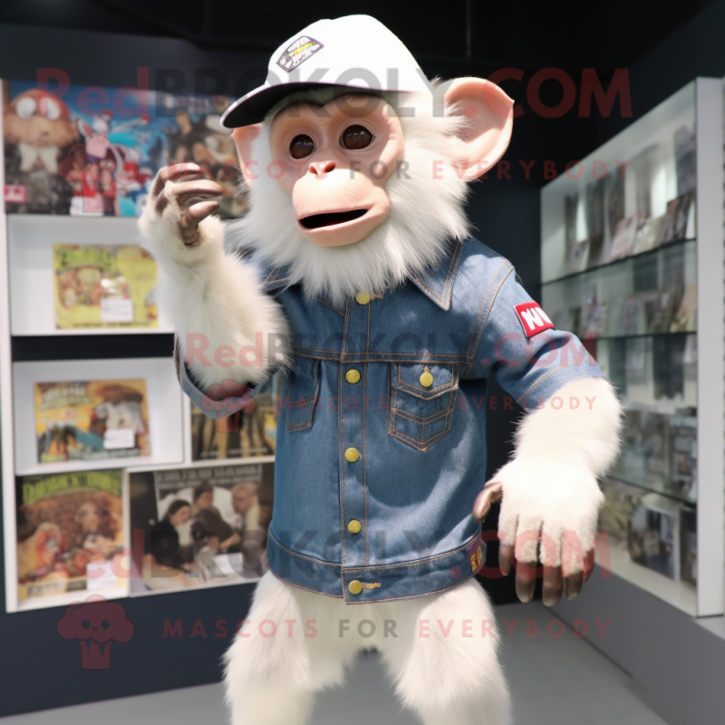 White Capuchin Monkey mascot costume character dressed with a Denim Shorts and Beanies White Capuchin Monkey mascot costume character dressed with a Denim Shorts and Beanies