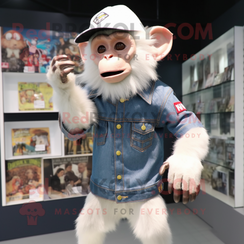 White Capuchin Monkey mascot costume character dressed with a Denim Shorts and Beanies