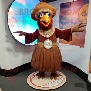Brown Tandoori Chicken mascot costume character dressed with a Circle Skirt and Hat pins