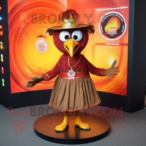 Brown Tandoori Chicken mascot costume character dressed with a Circle Skirt and Hat pins