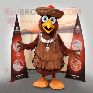 Brown Tandoori Chicken mascot costume character dressed with a Circle Skirt and Hat pins