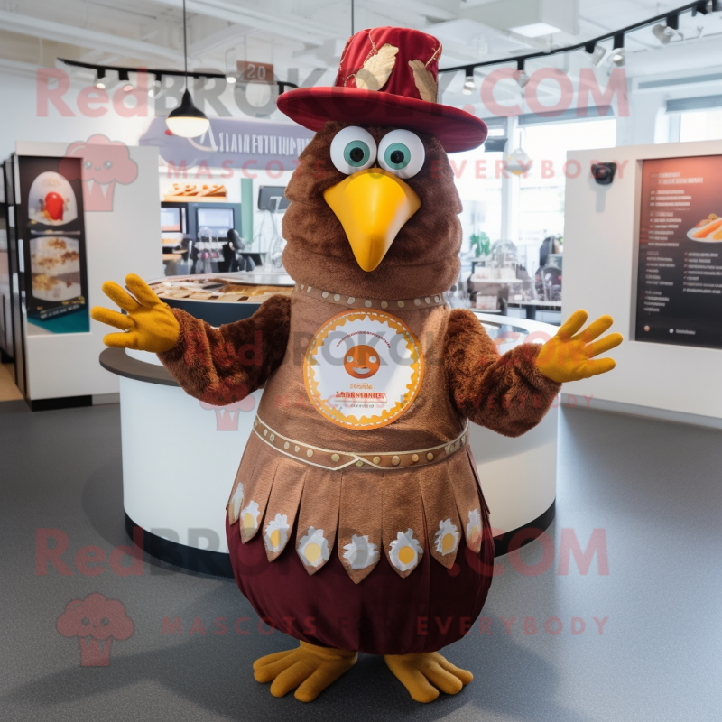 Brown Tandoori Chicken mascot costume character dressed with a Circle Skirt and Hat pins