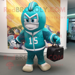 Turquoise American Football Helmet mascot costume character dressed with a Sweatshirt and Briefcases