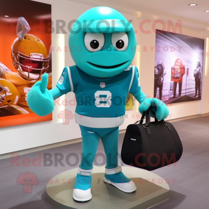 Turquoise American Football Helmet mascot costume character dressed with a Sweatshirt and Briefcases