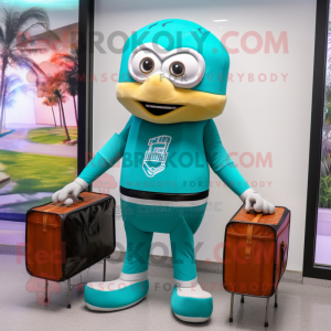 Turquoise American Football Helmet mascot costume character dressed with a Sweatshirt and Briefcases