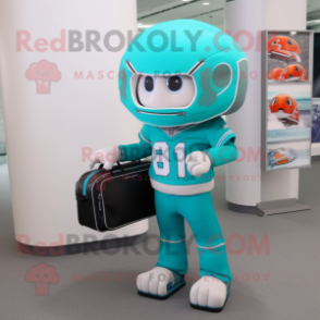 Turquoise American Football Helmet mascot costume character dressed with a Sweatshirt and Briefcases