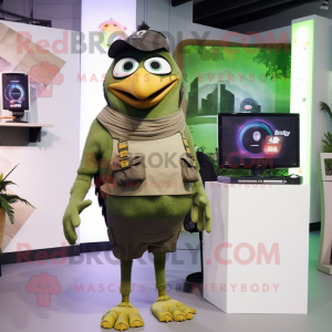 Olive Crow mascot costume character dressed with a Tank Top and Digital watches