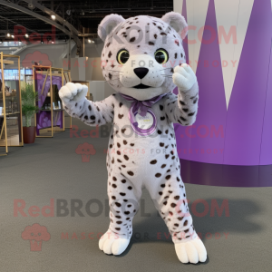 Lavender Leopard mascot costume character dressed with a Corduroy Pants and Rings