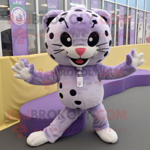 Lavender Leopard mascot costume character dressed with a Corduroy Pants and Rings