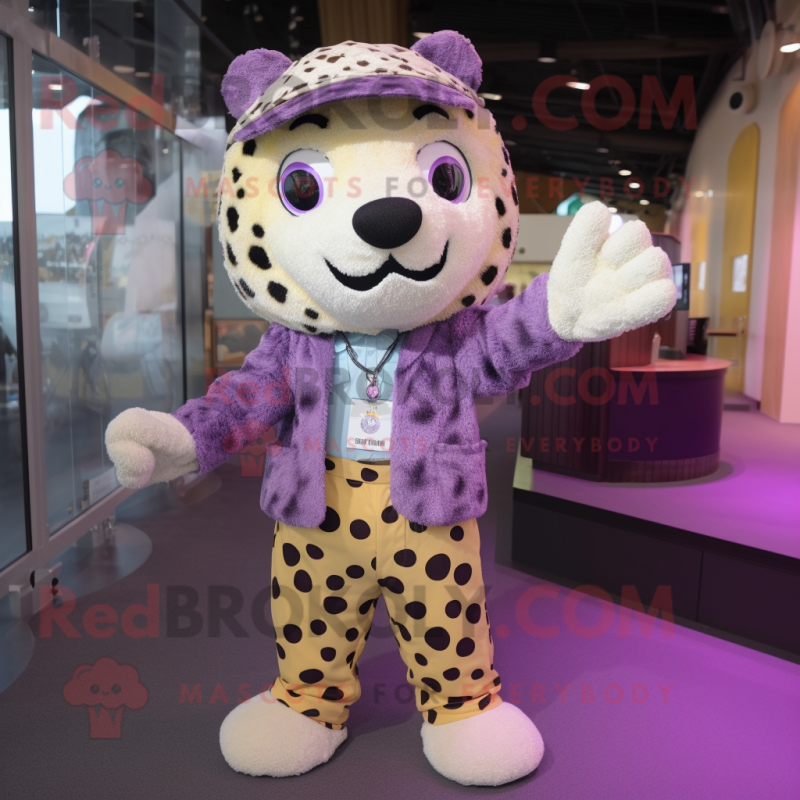 Lavender Leopard mascot costume character dressed with a Corduroy Pants and Rings