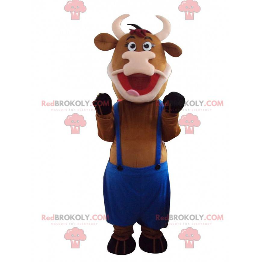 Mascotte de vache marron avec une salopette bleue -