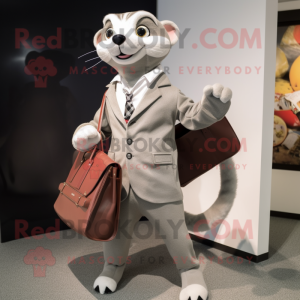 Silver Weasel mascot costume character dressed with a Suit Jacket and Tote bags