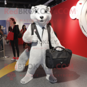 Silver Weasel mascot costume character dressed with a Suit Jacket and Tote bags